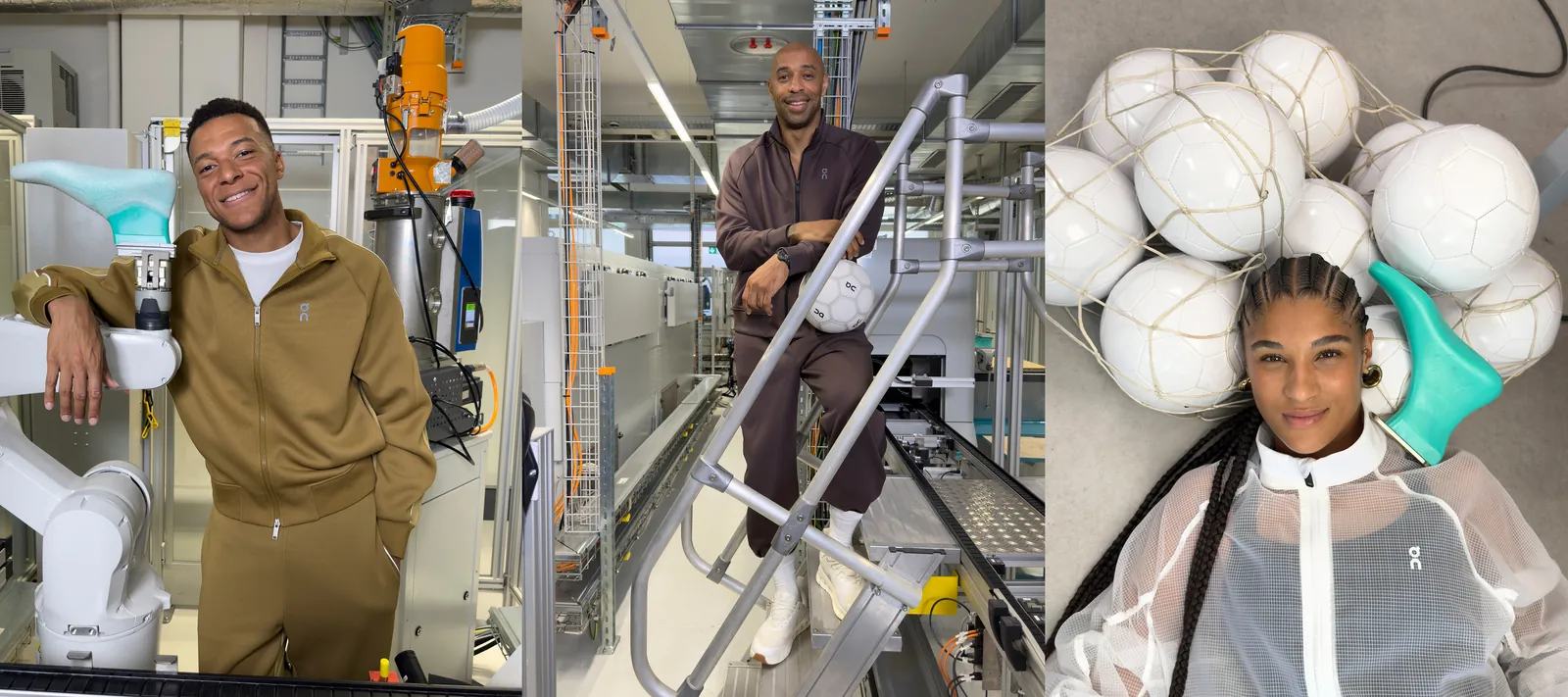 Trois portraits côte à côte : Kylian Mbappé accoudé à un bras robotisé, Thierry Henry sur un escalier métallique, Sydney Schertenleib allongée sous un filet de ballons blancs